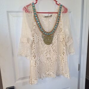 Origami Elegant Cream Lace Top with Beaded Neckline